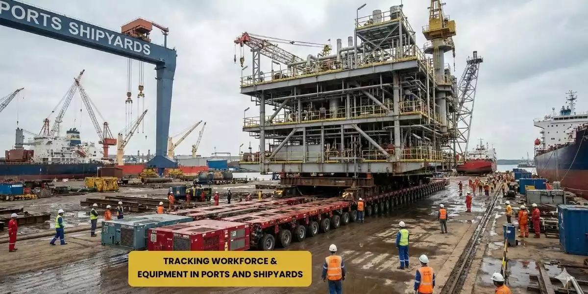 GPS Badge Tracker enabling tracking of workforce and equipment in marine ports, shipyards and harbours